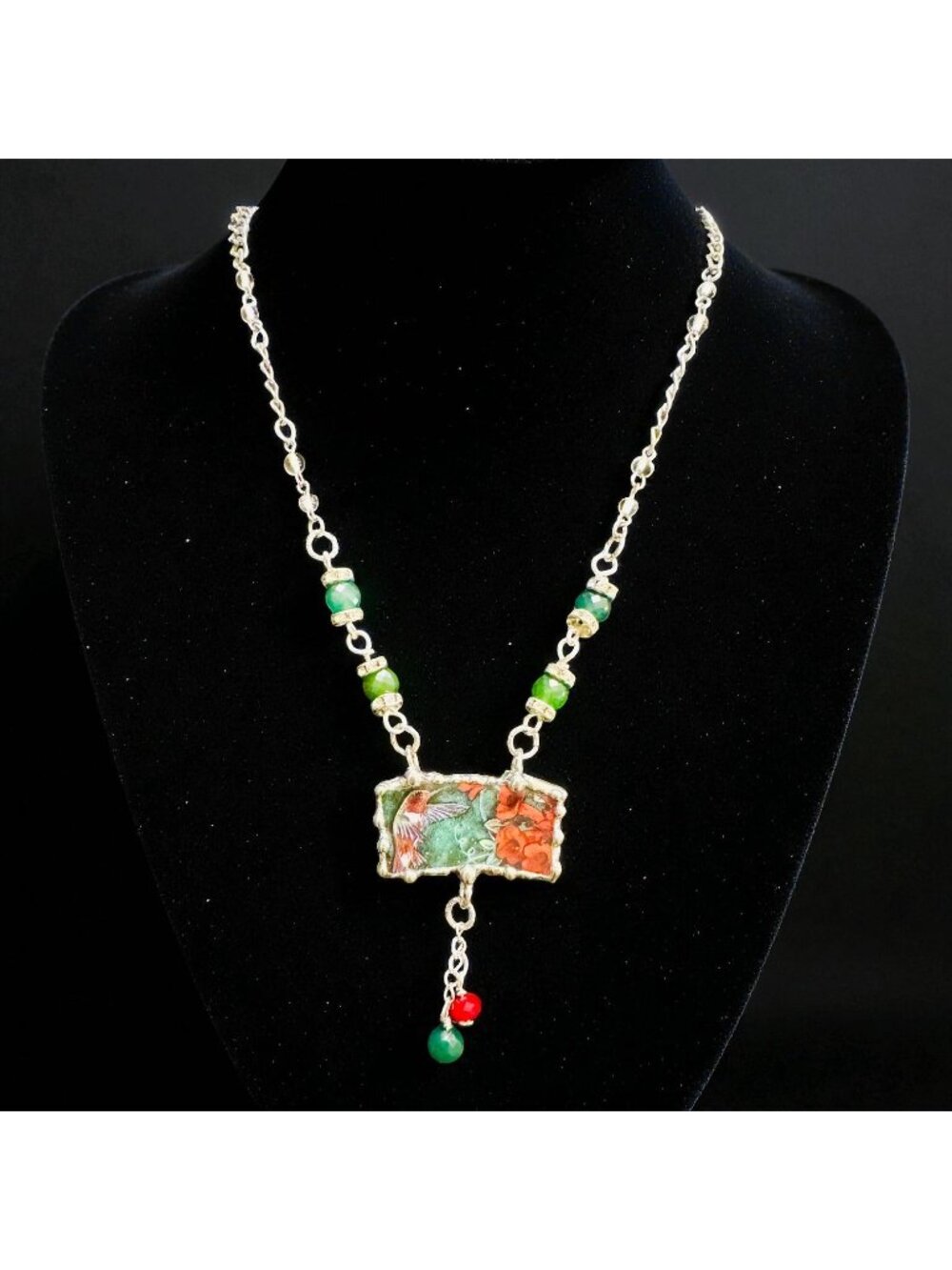 Lena Liu Hummingbird Broken China Pendant  Bezel Red & Green Quartz Necklace - Picture 4 of 14